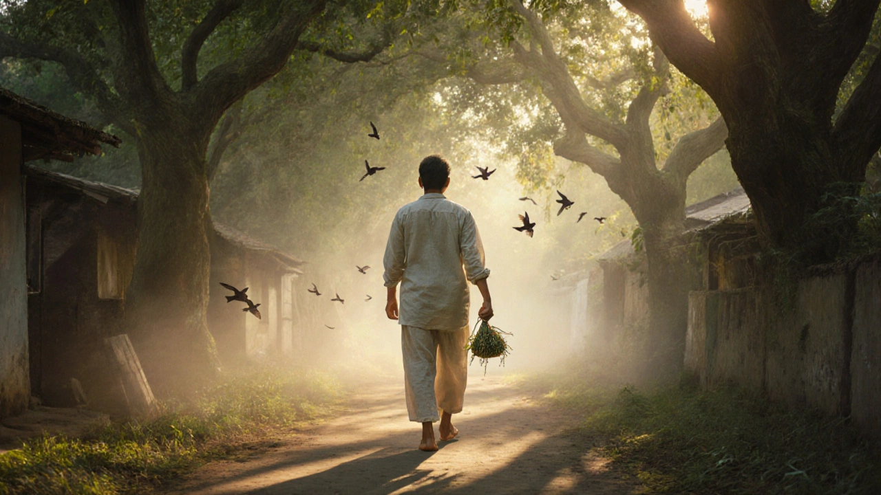 Person walking peacefully at dawn with herbs, surrounded by trees and mist.