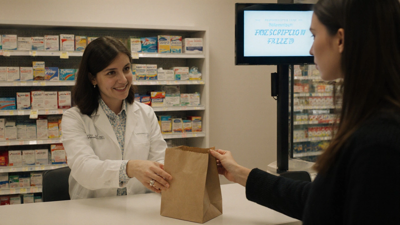 Pharmacist handing a filled prescription to a patient at a drugstore counter.