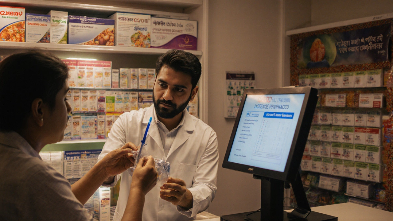 Pharmacist handing Ozempic pen to patient in Indian pharmacy with CDSCO license visible