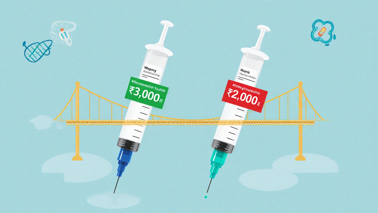 Semaglutide syringe with Wegovy and Ozempic price tags connected by golden bridge