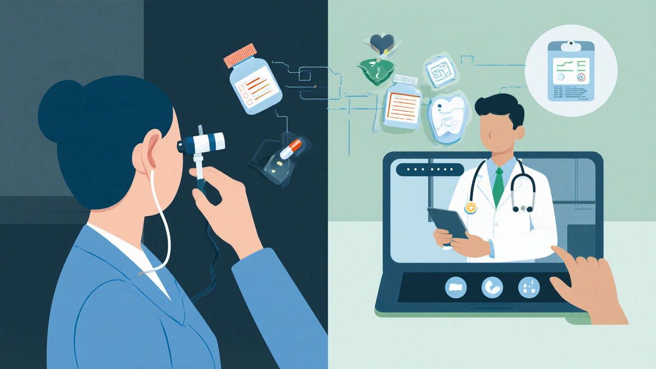 Split image showing in-person and telehealth medical consultations with medication icons.