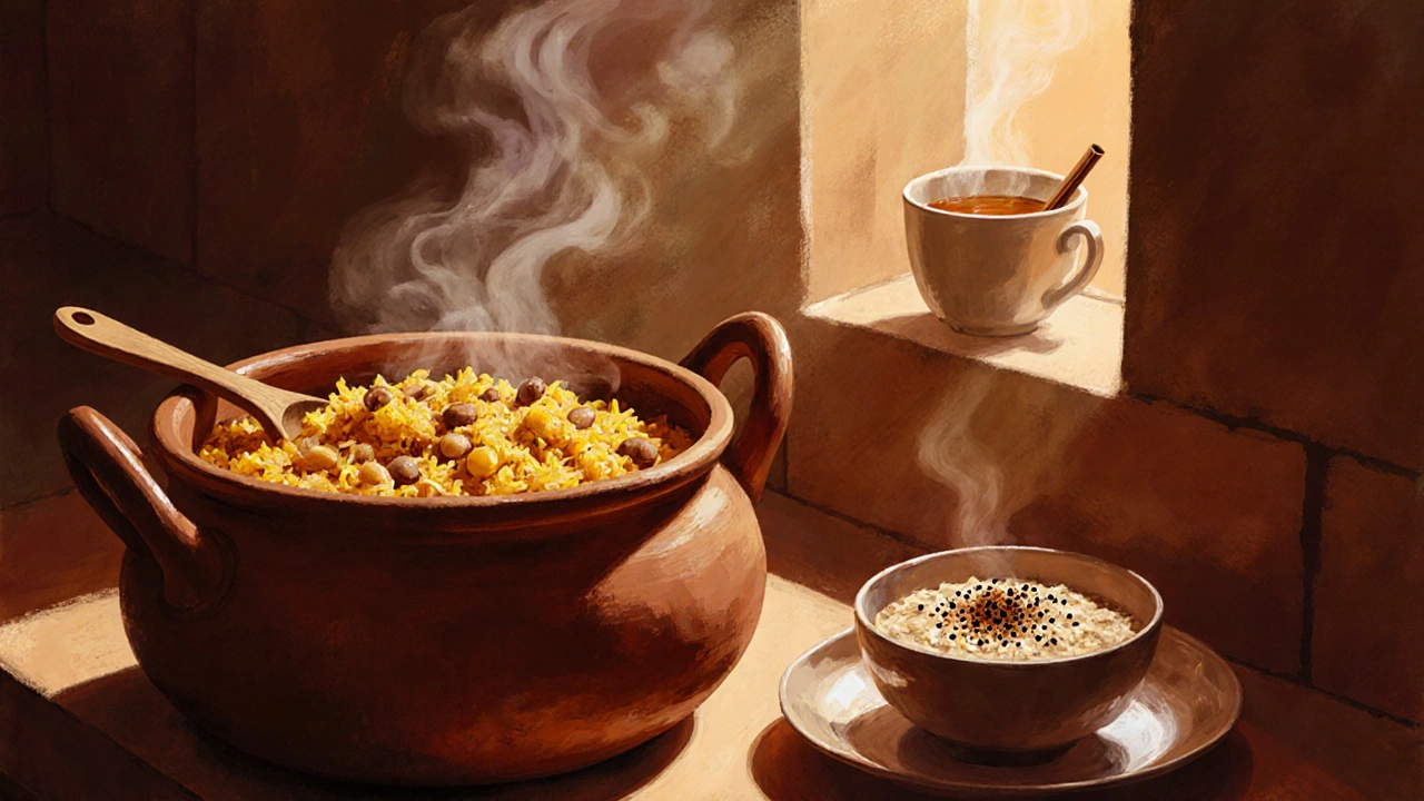 Steaming khichdi and warm oatmeal on a wooden kitchen counter at dawn.