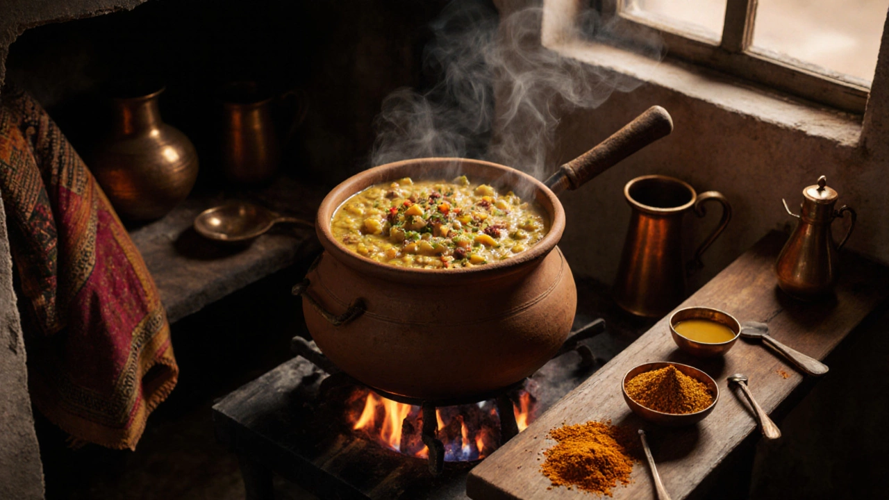 Traditional Indian kitchen with simmering khichdi and Ayurvedic spices.