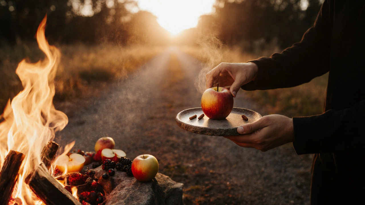 Warm steamed apple beside a glowing fire, raw fruits in shadow.