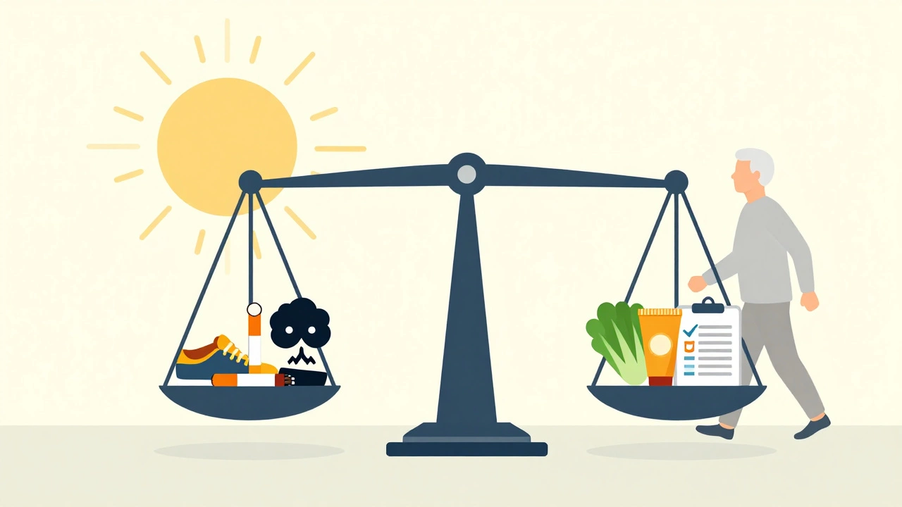 A balance scale contrasting unhealthy habits with healthy prevention actions under a rising sun, representing cancer risk and control.