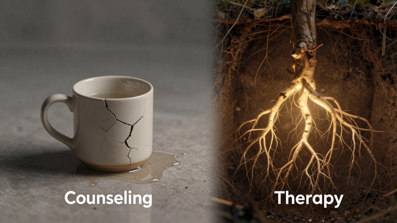 A split image showing a cracked mug and glowing roots, symbolizing counseling versus therapy.