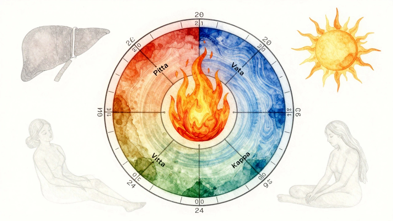 Circular Ayurvedic body clock showing Pitta, Vata, and Kapha energy zones with symbolic imagery.