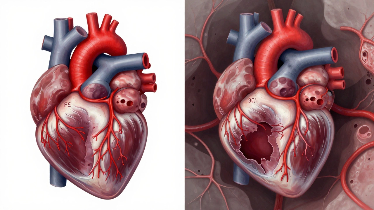 Comparison of healthy heart versus damaged heart with scarring and poor circulation due to prior heart attack.