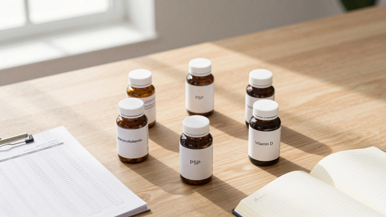 Five nerve-repair supplements arranged in a circle with blood test and journal