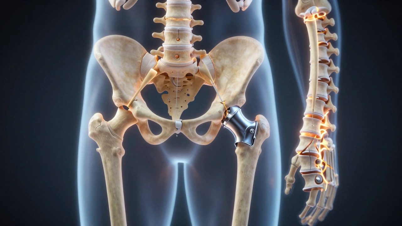 Glowing medical illustration of bone repair procedures including joint replacement and spinal fusion.