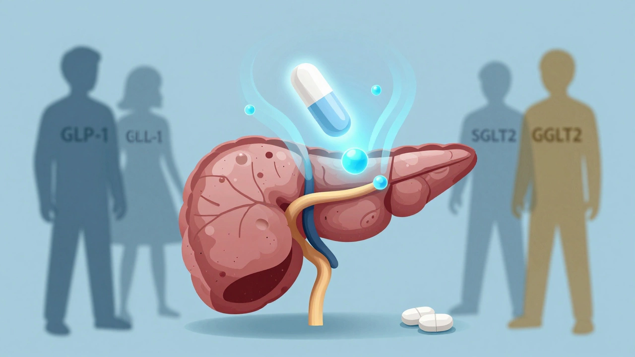 Glowing metformin tablet above a pancreas, reducing sugar molecules, with other drugs nearby.
