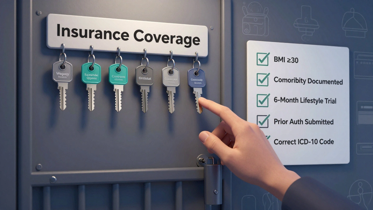 Locked gate to insurance coverage with keys labeled approved weight loss drugs and requirements.