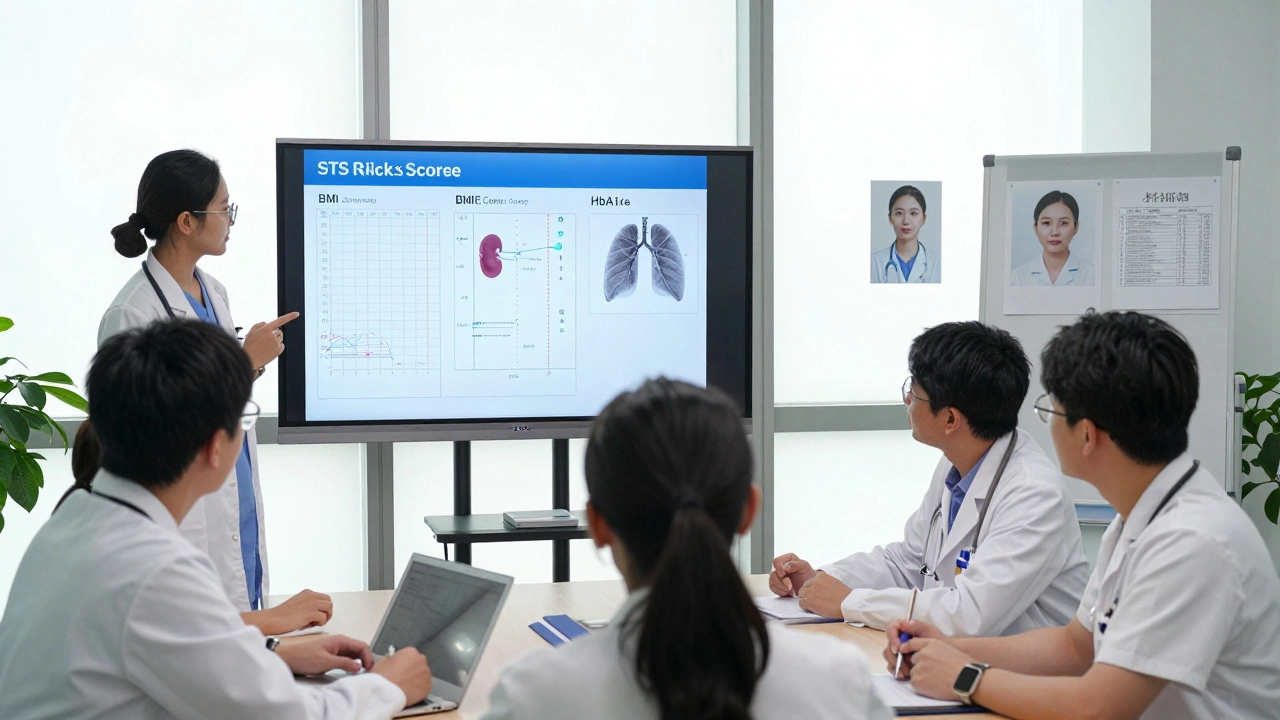 Medical team reviewing patient risk factors including kidney function, lung capacity, and blood sugar levels.