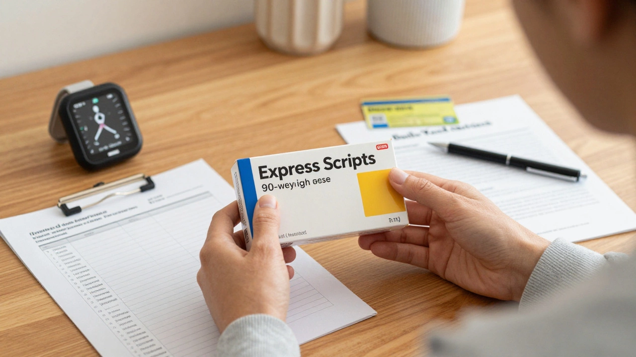 Patient holding mail-order weight loss medication box with health documentation on table.