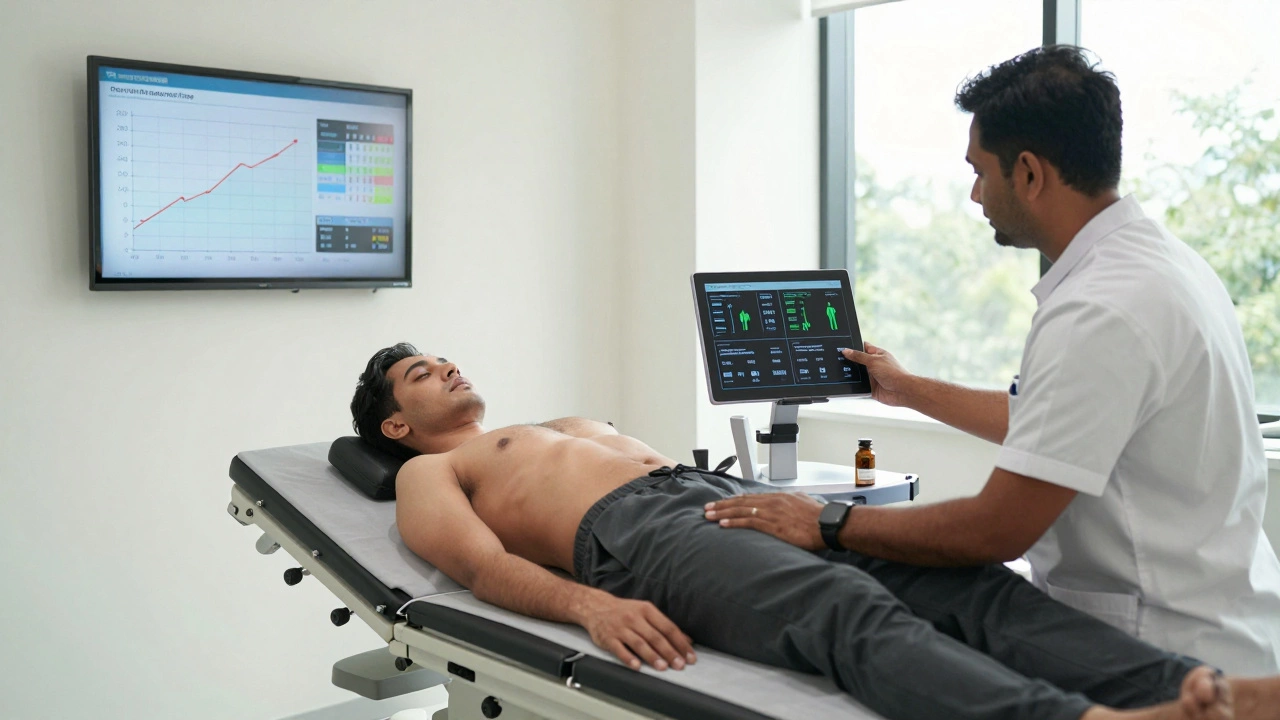 Patient undergoing body composition scan in a modern Indian wellness clinic