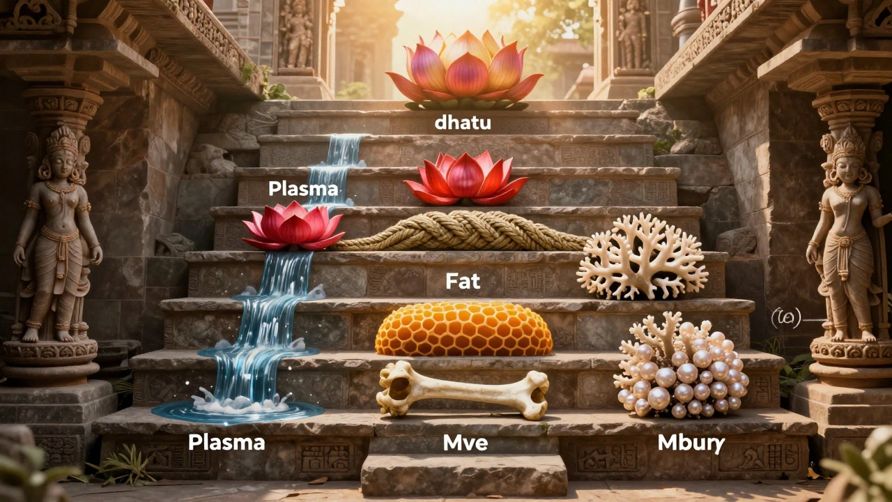 Seven layered stone tissues ascending like a temple staircase, each with natural symbols.