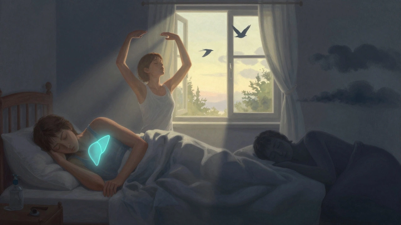 Split image of peaceful sleep at 10 p.m. versus energized wakefulness at 6 a.m., with contrasting light and shadow.