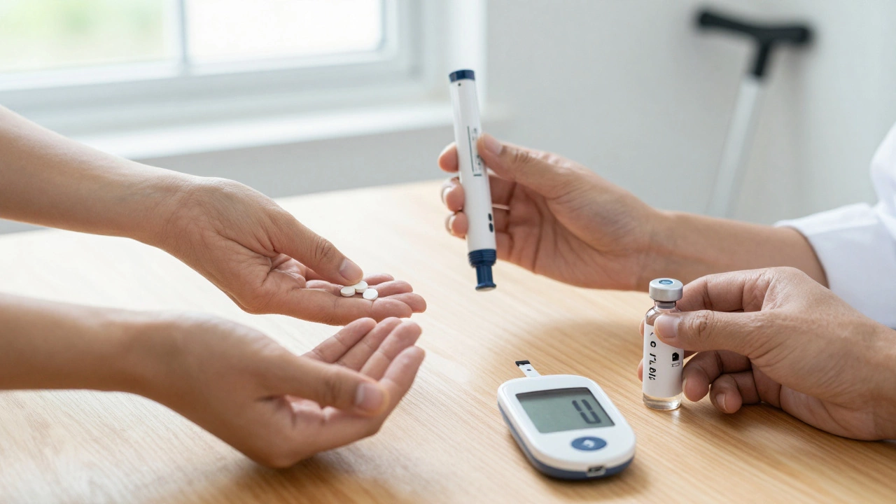 Three hands reaching for metformin, GLP-1 pen, and insulin vial beside glucose monitor.