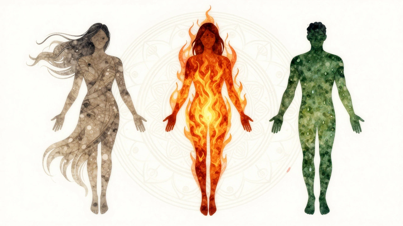 Three symbolic human forms representing Vata, Pitta, and Kapha doshas in flowing colors.