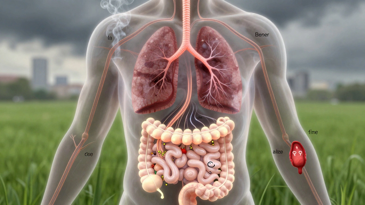 Transparent human body showing glowing pathways of lung, breast, colorectal, and prostate cancer risks, with environmental and lifestyle factors around them.