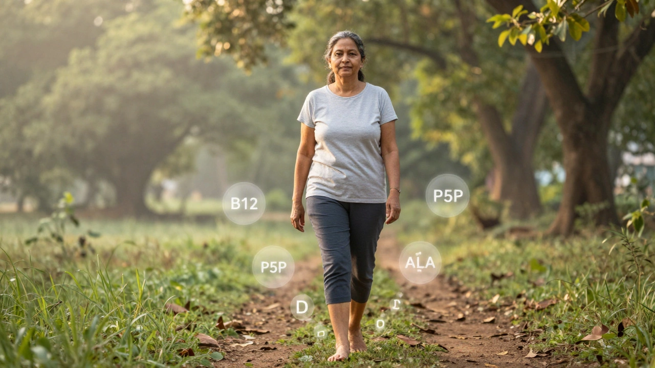 Woman walking barefoot on grass, healing vitamins glowing around her feet