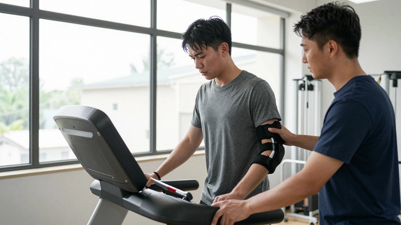 Young athlete recovering in physical therapy with therapist support after orthopedic surgery.