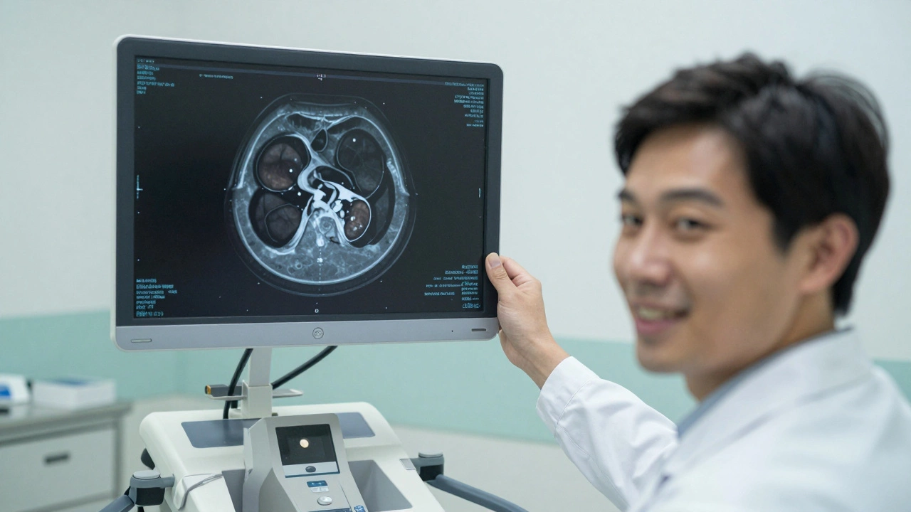 A doctor shows a CT scan with a hidden kidney tumor while the patient smiles, unaware.