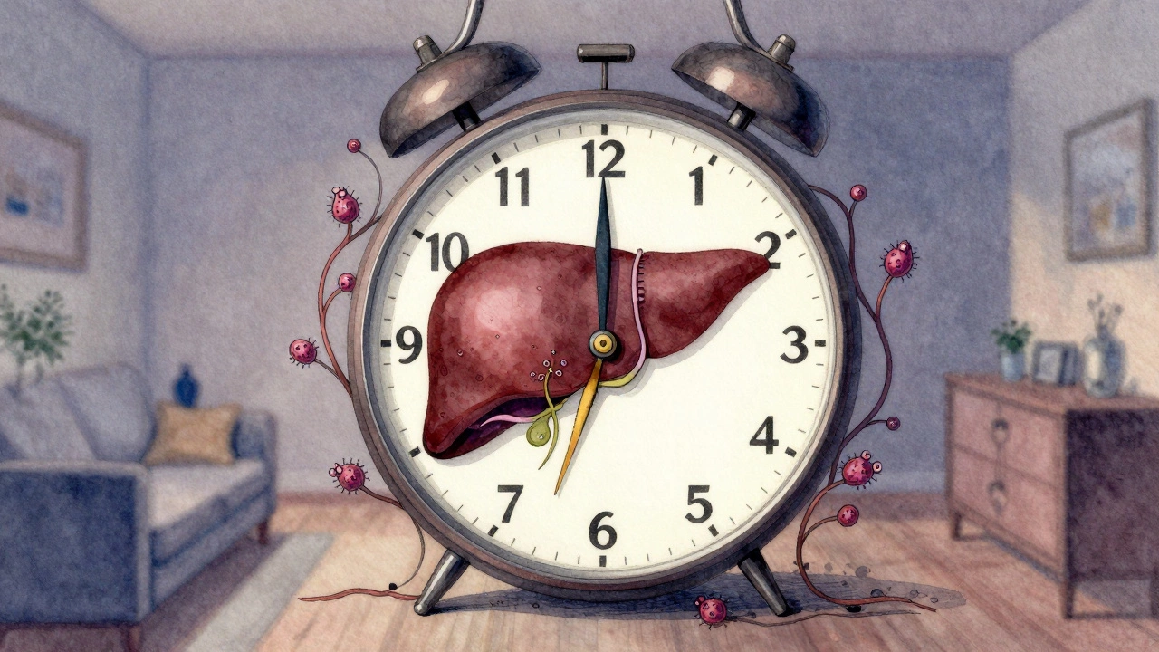 An abstract clock made of organs with cancerous vines creeping silently around them.