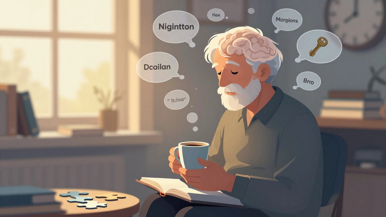 An elderly person in a sunlit room, surrounded by fragmented thought bubbles of forgotten memories.