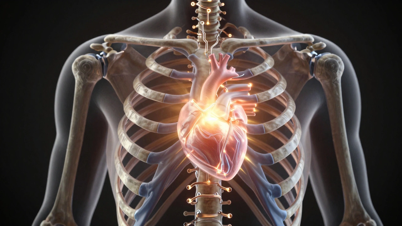 Conceptual image of sternum reconnected with metallic wires inside ribcage, heart glowing at center.