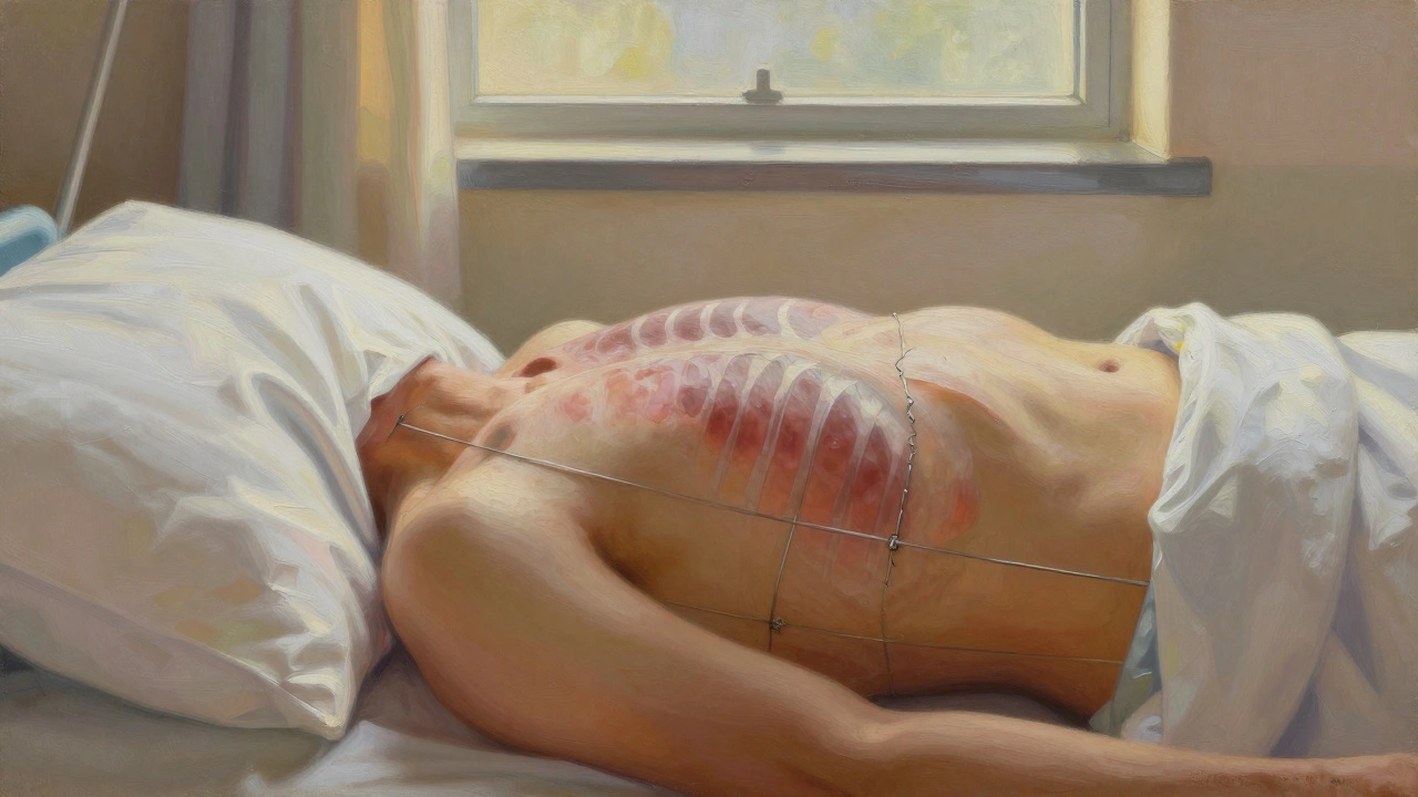 Healed chest after open heart surgery with steel wires holding sternum together, pillow pressed against chest.