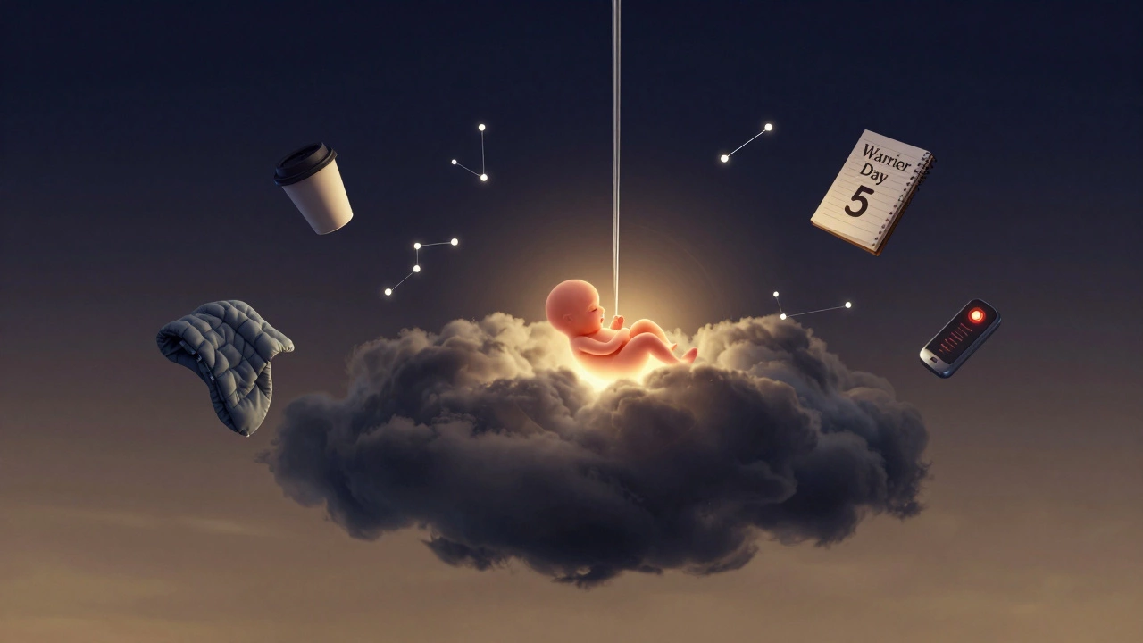 Needle piercing storm cloud into glowing embryo, surrounded by symbols of IVF routine and resilience.