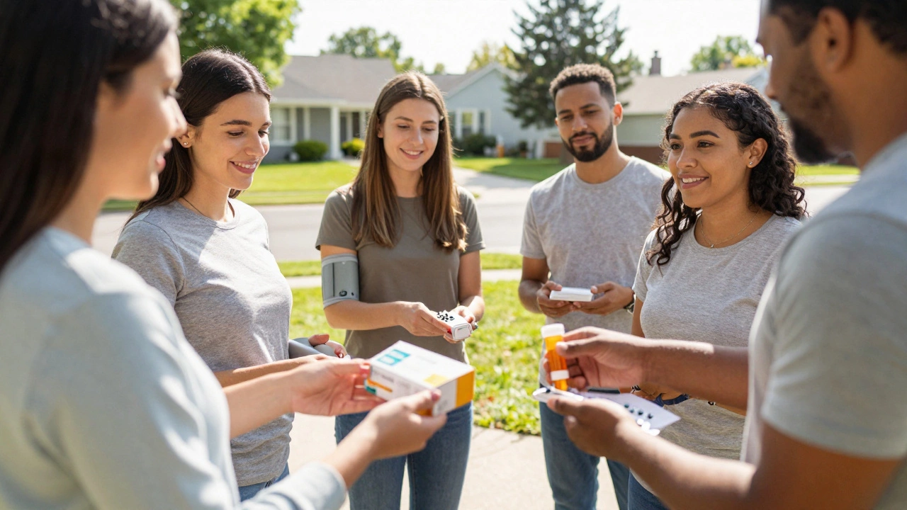People receiving prescription deliveries at home in a quiet suburban neighborhood.