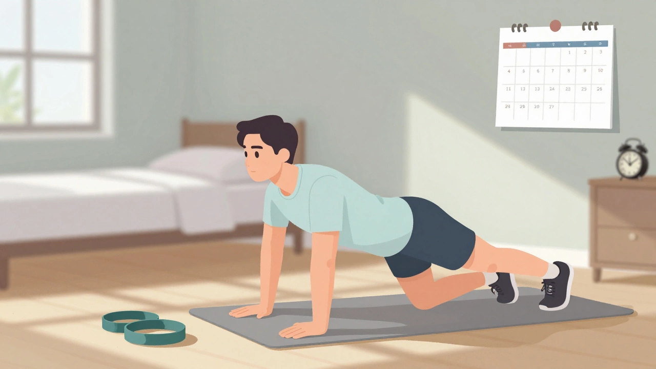 Someone doing home strength exercises like squats and push-ups in a quiet bedroom at dawn.