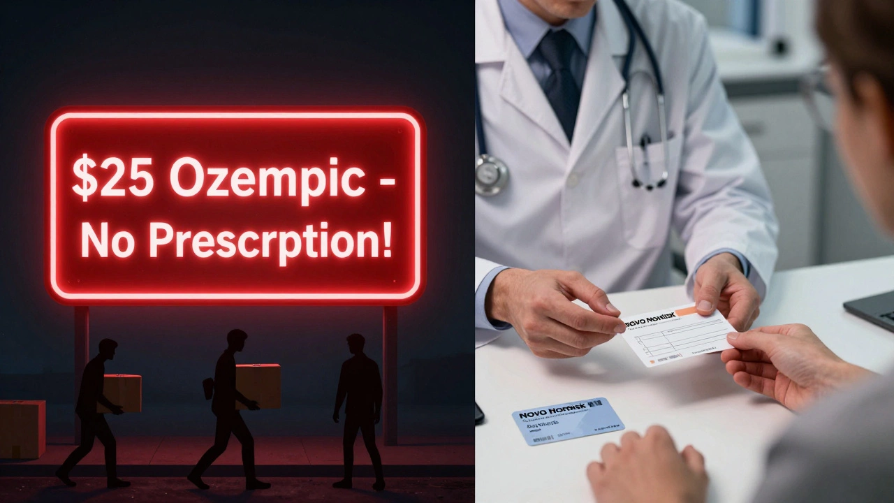 Split image: dangerous fake Ozempic website vs. safe doctor's office visit.