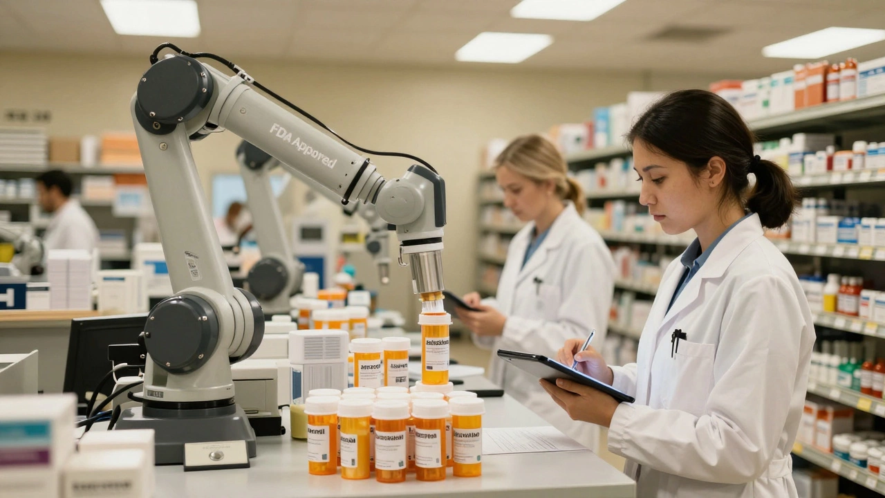 Warehouse staff sorting FDA-approved prescription medications in a modern pharmacy fulfillment center.