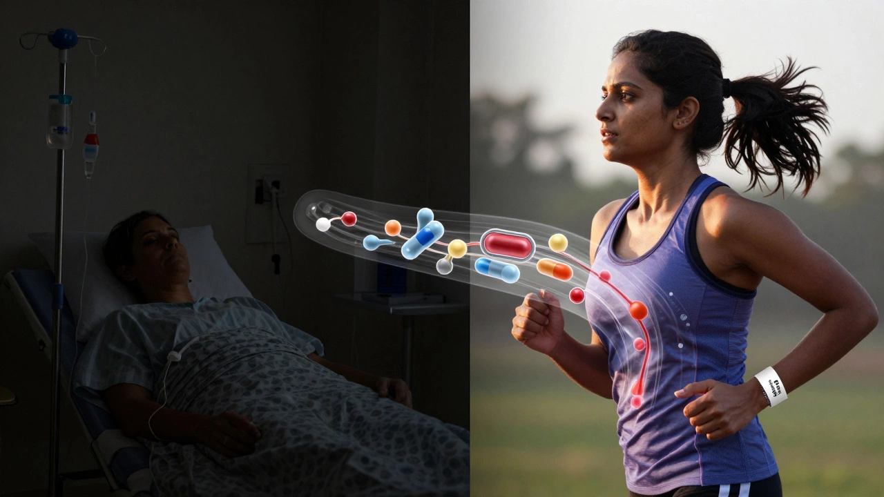 A woman jogging at dawn with targeted therapy molecules flowing through her body, contrasting with an older chemotherapy image.