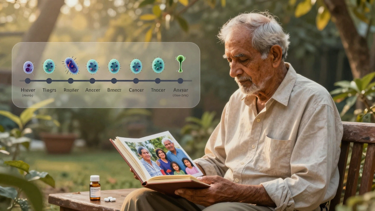 An elderly man in a garden holding a photo album, with a timeline showing cancer shrinking over 12 years.