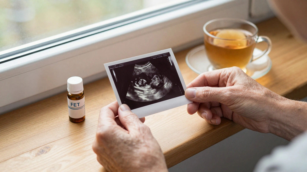 An older woman holding an ultrasound photo and IVF supplies on a sunlit windowsill.