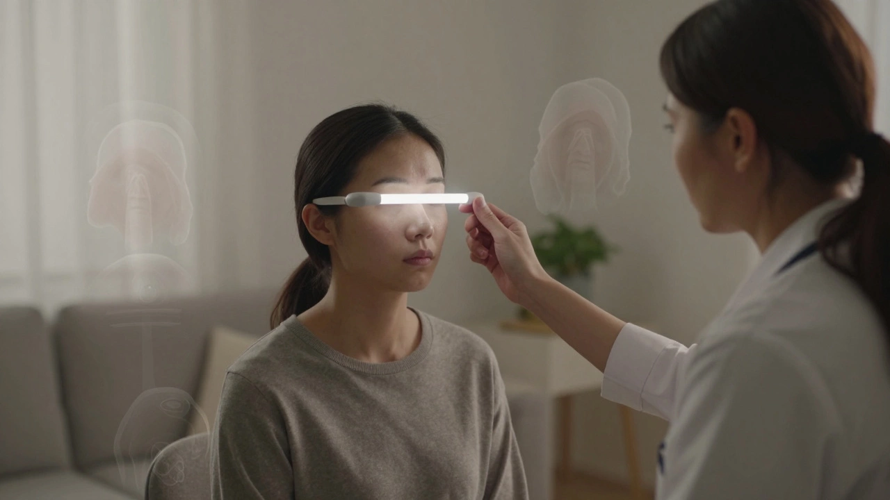 Client undergoing EMDR therapy with a moving light bar, trauma fading in background.