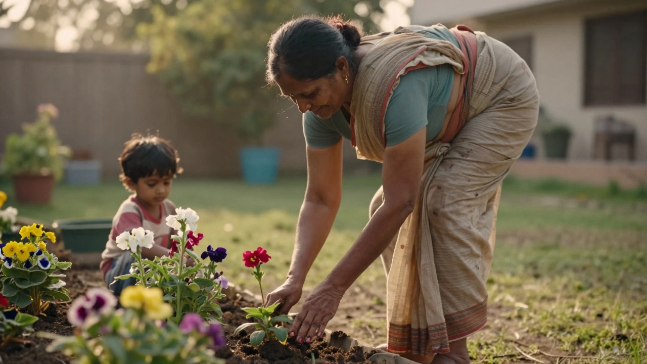 Elderly woman gardening with knee bent at 105 degrees, smiling while holding a child's hand in sunlight.