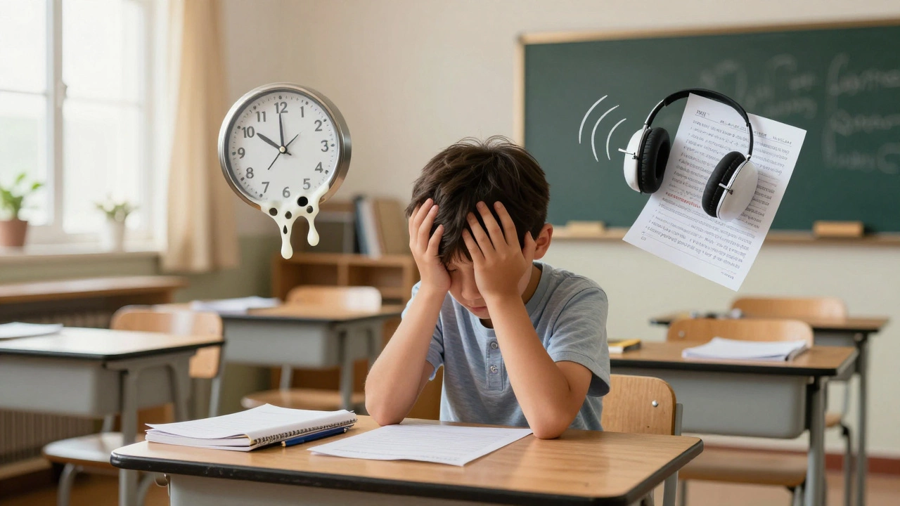 A child overwhelmed in a classroom, surrounded by symbols of ADHD and autism challenges like melting clocks and sound waves.