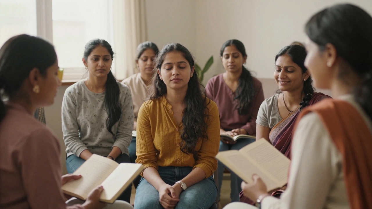 A group of women in a calming counseling session, one practicing deep breathing with emotional support.