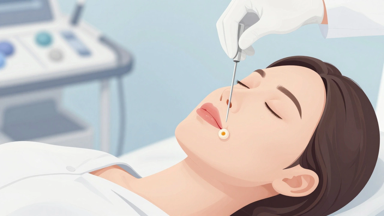 A medical illustration showing a gentle ultrasound-guided egg retrieval procedure with no invasive tools.