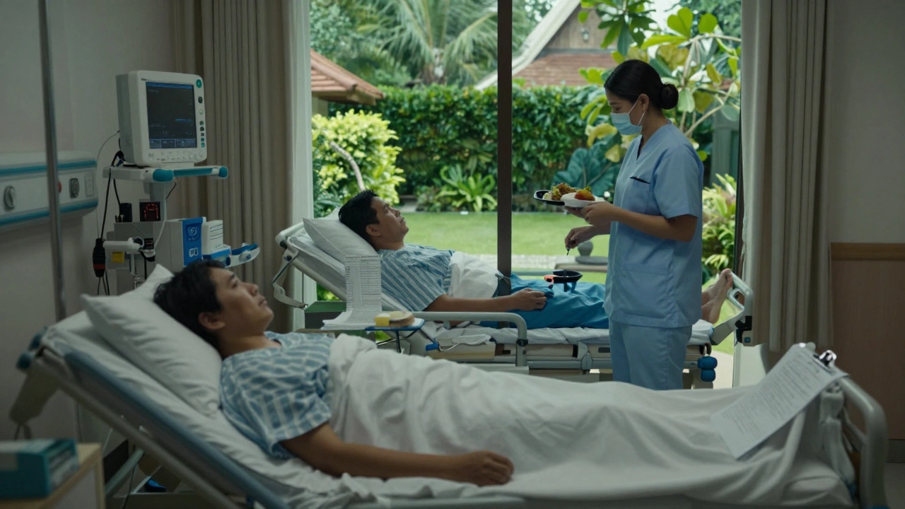 A patient in a cold U.S. hospital room contrasts with a peaceful recovery suite in Thailand, highlighting healthcare disparities.