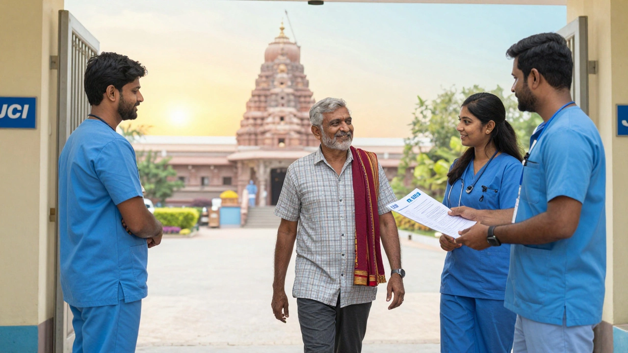 An American patient is warmly welcomed at a clean, serene hospital in India, surrounded by supportive staff and calm surroundings.