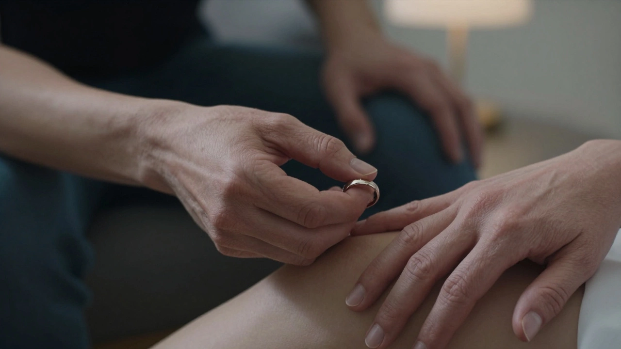 Close-up of hands twisting a wedding band, showing subtle signs of anxiety during a therapy session.