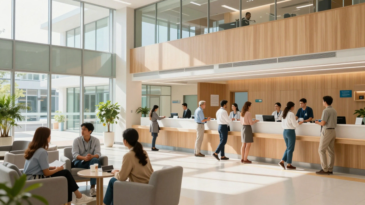 Diverse patients in a bright international hospital reception.