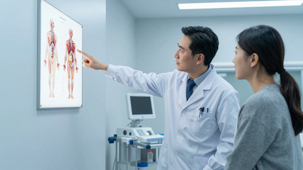 Doctor consulting with patient in a modern medical room.