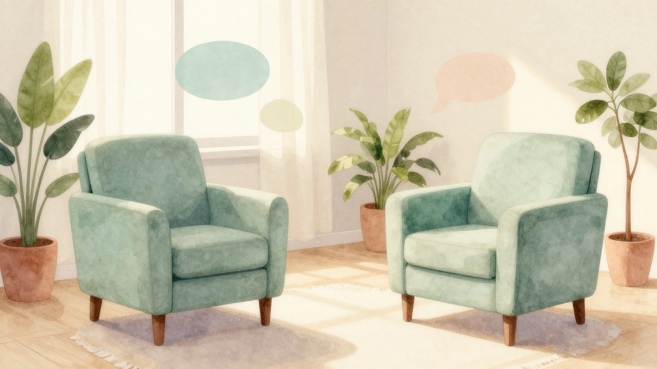 Empty comfortable chairs in a sunlit counseling office.